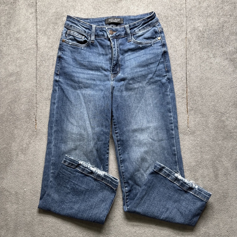 Judy Blue Jeans 1 / 25 Diana High Rise Crop Wide Leg Raw Hem Denim Pants Stretch
